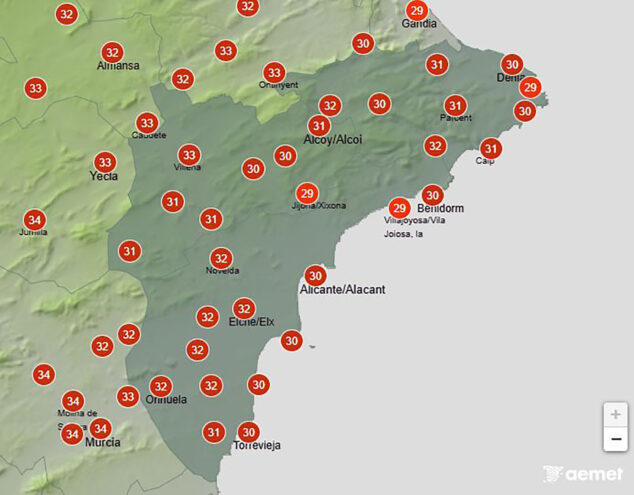 Imagen: Mapa de temperaturas de la AEMET el miércoles 12 agosto 2026 en Alicante a las 19.00 horas