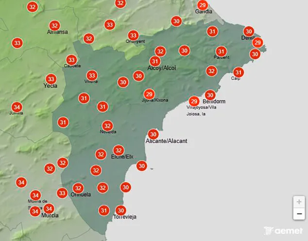 ¿Dejarán las nubes ver el eclipse en la Marina Alta? Esta es la última predicción 2 Imagen: Mapa de temperaturas de la AEMET el miércoles 12 agosto 2026 en Alicante a las 19.00 horas