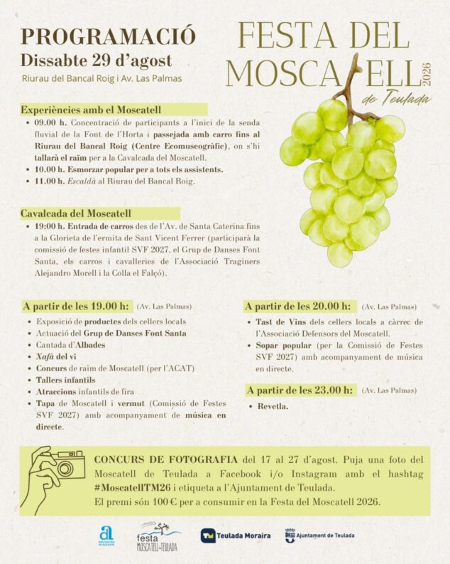 Imagen: Cartel con el programa de la Festa del Moscatell 2026 de Teulada, incluyendo horarios y actividades.