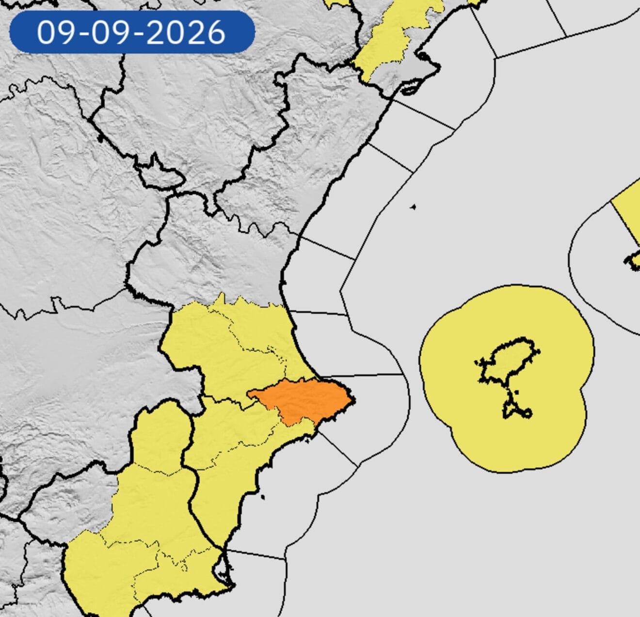 Mapa de avisos meteorológicos de la AEMET para el 9 de septiembre de 2026 en la Comunitat Valenciana