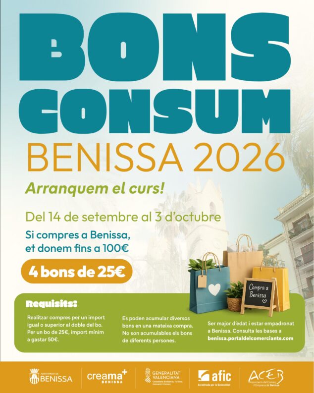 Benissa lanza nuevos bonos consumo: hasta 100 euros por persona para gastar en comercios locales 1 Imagen: Cartel promocional de la campaña Bono Consumo Benissa 2026 'Arranquem el curs'.