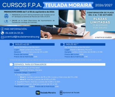 Cartel de los cursos FPA 2026/2027 de Teulada Moraira con información sobre cursos de inglés y español, fechas de preinscripción y contacto.
