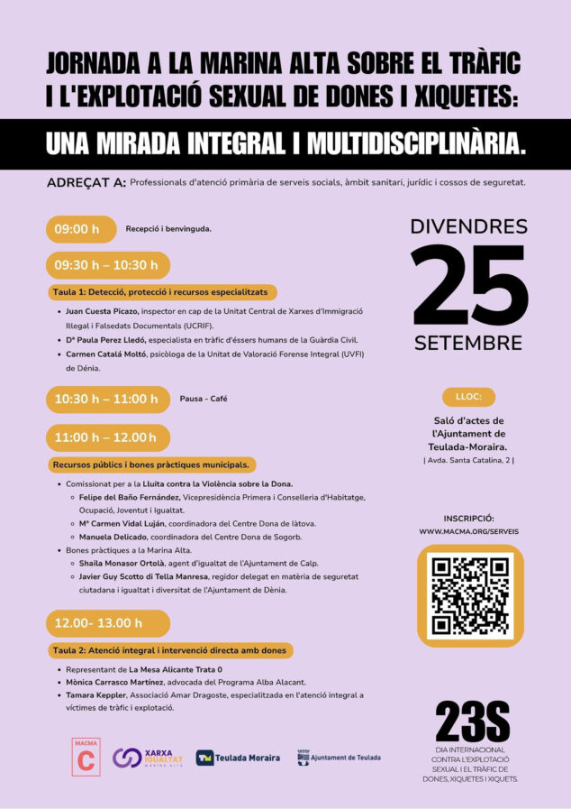 Imagen: Cartel de la 'Jornada comarcal sobre el tráfico y la explotación sexual de mujeres y niñas, una mirada integral y multidisciplinar' de la Xarxa d'Igualtat de la Marina Alta
