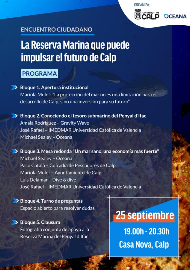 Imagen: Cartel del encuentro ciudadano "La Reserva Marina que puede impulsar el futuro de Calp" con el programa de actos.