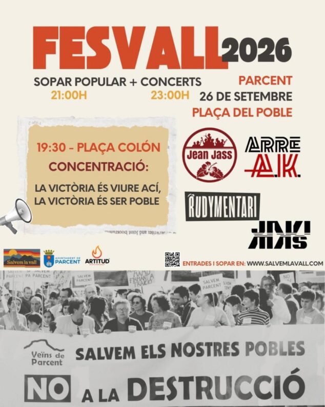 Salvem la Vall organiza en Parcent el FESVALL 2026 con el foco puesto contra el PAI Medina de Llíber 1 Imagen: Cartel informativo del evento FESVALL 2026 en Parcent con horarios, artistas y lema.