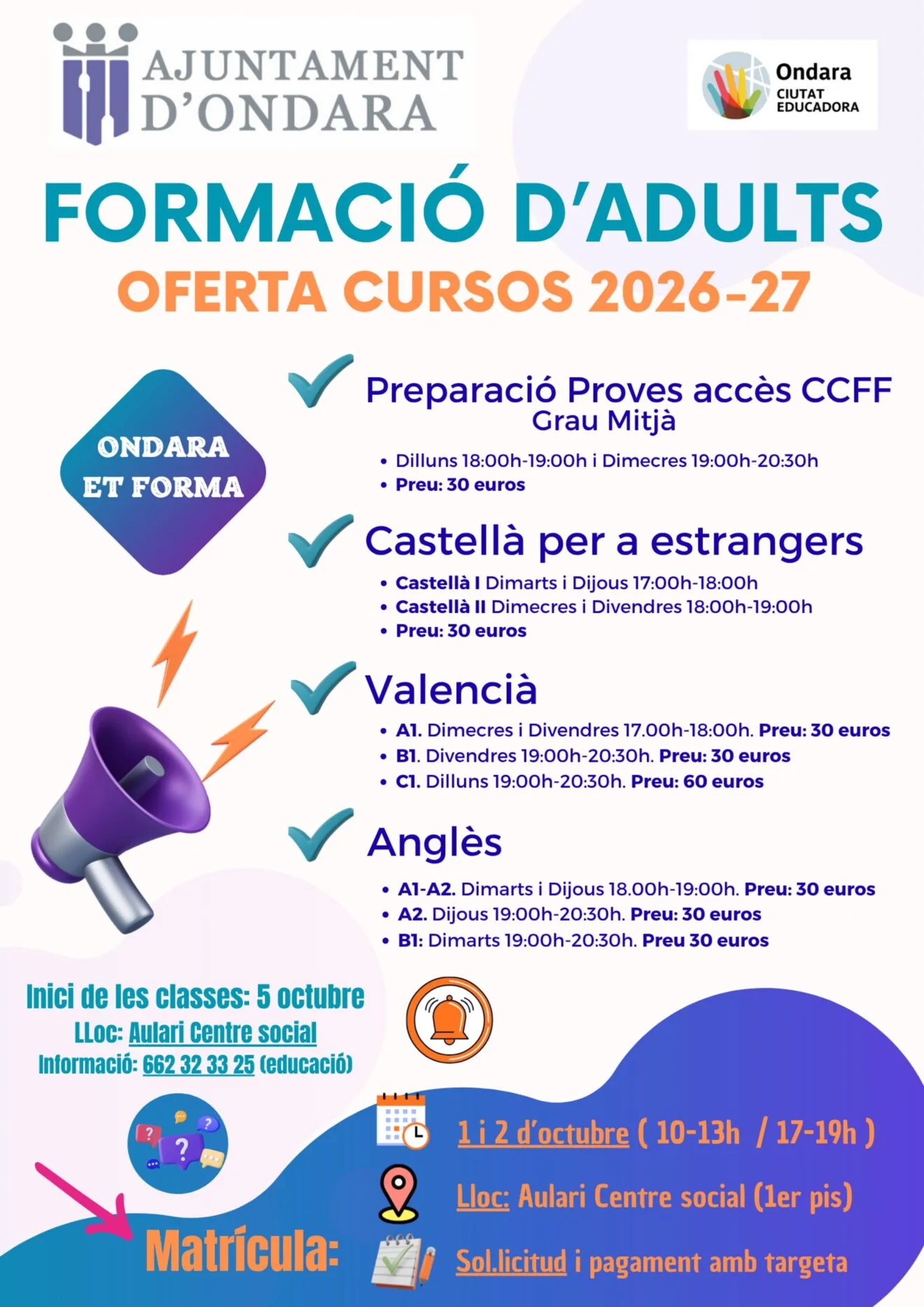 Cartel de la Formación de Adultos de Ondara 2026-27