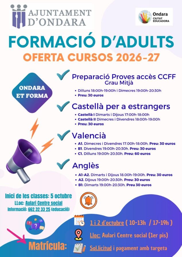 Imagen: Cartel oferta cursos formación adultos Ondara 2026-27