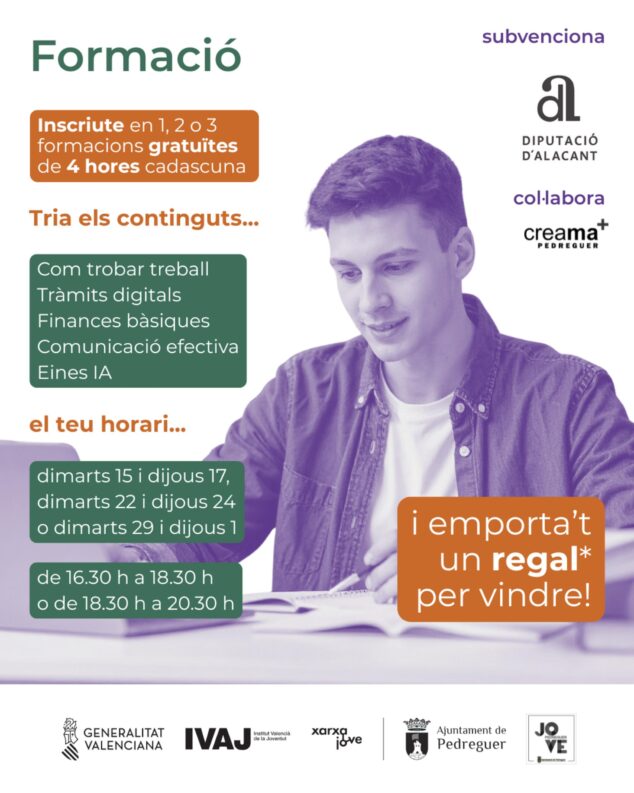 Imagen: Cartel de los talleres gratuitos de Pedreguer Jove, con un joven usando un portátil y texto sobre los cursos de búsqueda de empleo, trámites digitales, finanzas y herramientas de IA, patrocinados por la Diputación de Alicante.