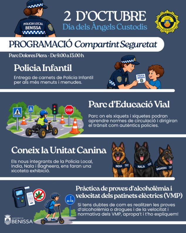 Benissa celebra el Día de los Ángeles Custodios con su nueva Unidad Canina y actividades familiares de seguridad 2 Imagen: Cartel informativo del evento 'Compartint Seguretat' en Benissa con ilustraciones de actividades policiales para niños.