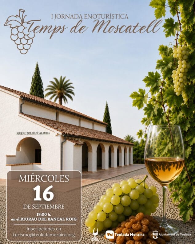 'Temps de Moscatell' nace en Teulada Moraira para reivindicar su patrimonio vitivinícola 1 Imagen: Cartel anunciador de la I Jornada Enoturística Temps de Moscatel con fecha, lugar y elementos relacionados con el vino.