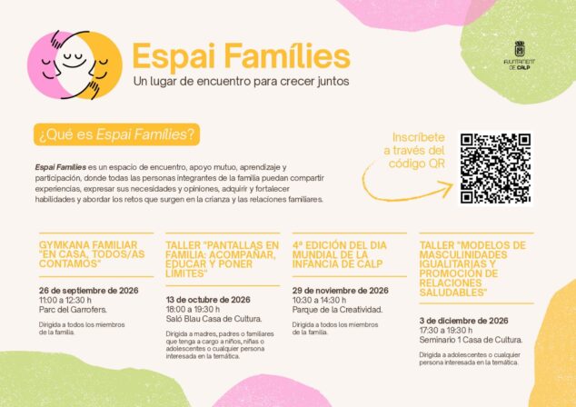 Imagen: Cartel promocional del programa "Espai Famílies" del Ayuntamiento de Calp con el detalle de las actividades programadas, fechas y un código QR para inscribirse.