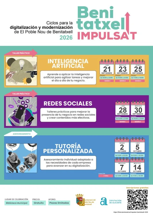 Imagen: Cartel del programa de digitalización Benitatxell Impulsa't 2026 con información sobre los talleres y tutorías ofrecidos.