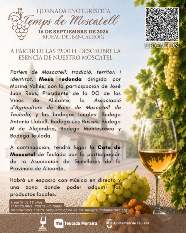 'Temps de Moscatell' nace en Teulada Moraira para reivindicar su patrimonio vitivinícola 2 Imagen: Cartel promocional de la I Jornada Enoturística 'Temps de Moscatell' en Teulada, con fecha, lugar, detalles de la mesa redonda, la cata y las entidades participantes, sobre un fondo de viñedos y uvas.
