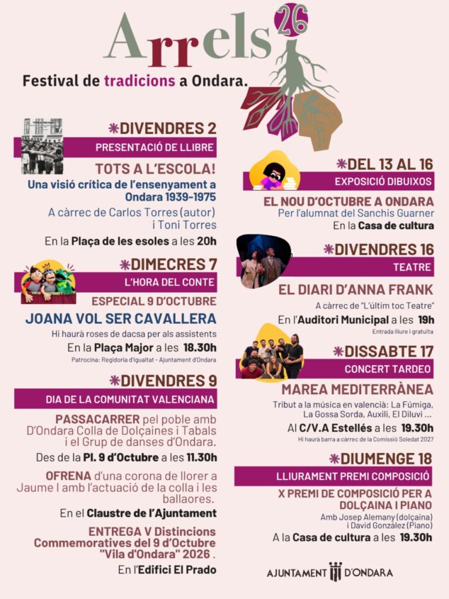 Imagen: Cartel del Festival Arrels Ondara 2026 con programa de actividades.