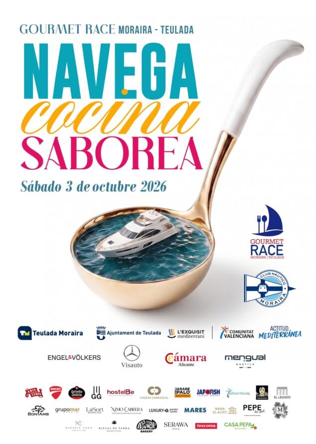 Chefs de prestigio cocinarán junto al mar en una de las regatas más singulares de Moraira 1 Imagen: Cartel promocional de la XIII Gourmet Race Moraira-Teulada con un yate en un cucharón gigante y texto sobre el evento y patrocinadores.