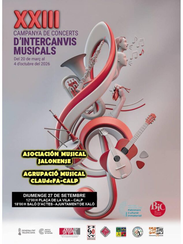 Imagen: Cartel de la XXIII Campaña de Conciertos de Intercambios Musicales con la Asociación Musical Jalonense y la Agrupació Musical CLAUdeFA-CALP.