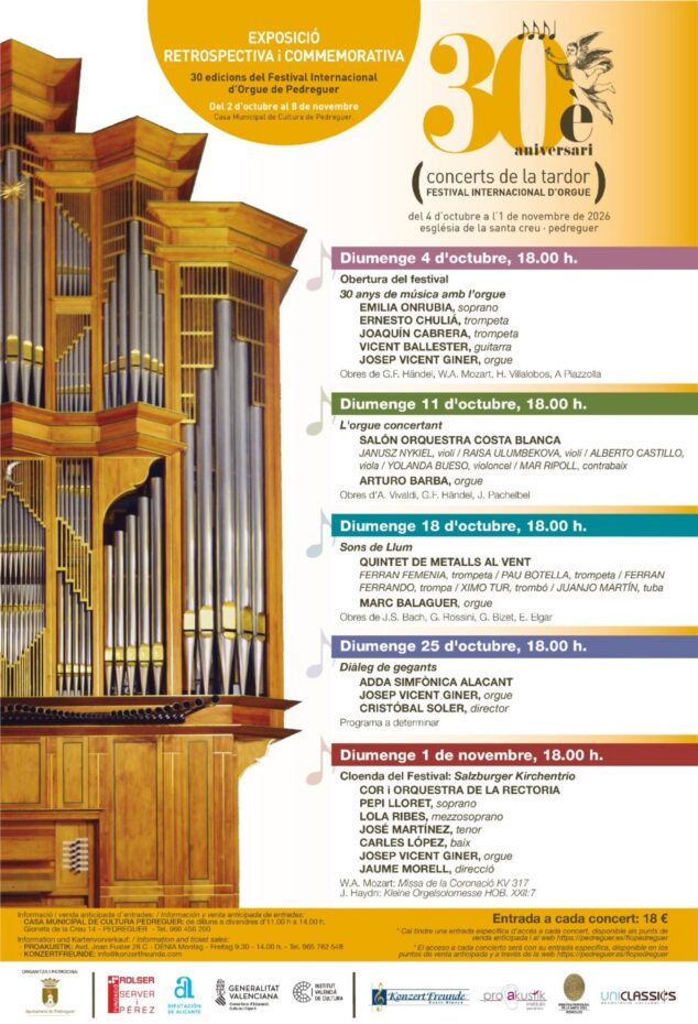 Pedreguer celebra las tres décadas del Festival Internacional d'Orgue – Concerts de la Tardor este 2026 1 Imagen: Cartell de la 30a edició del Festival Internacional d'Orgue de Pedreguer amb la imatge d'un orgue i la programació de concerts.