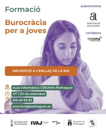 Cartell del taller ‘Burocràcia per a joves’ a Pedreguer