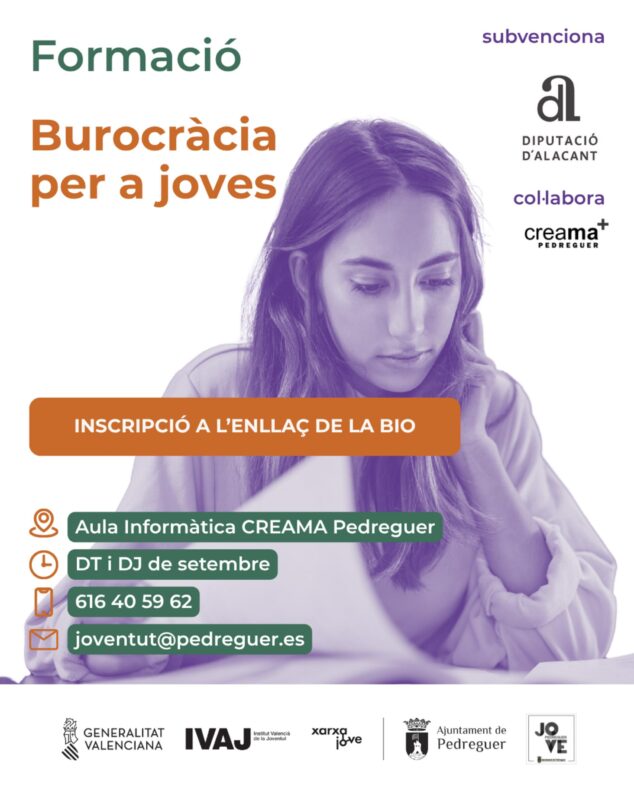 Imagen: Cartell del taller 'Burocràcia per a joves' a Pedreguer amb detalls d'inscripció i logotips d'entitats.