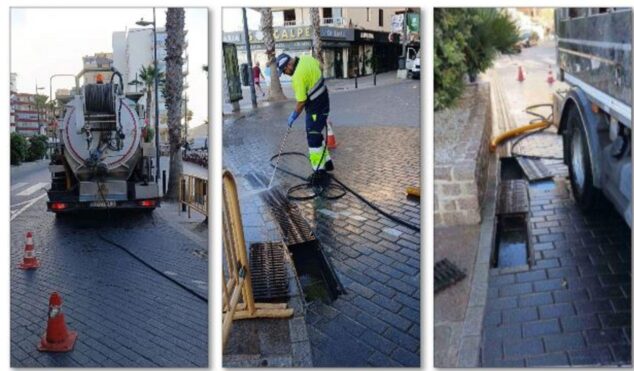 Collage de imágenes de la limpieza de imbornales y alcantarillado en Calp.