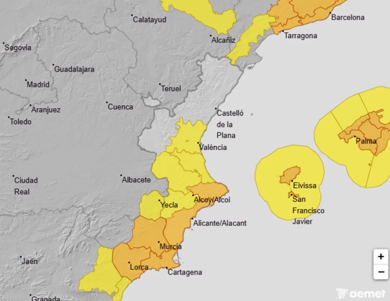 Mapa de avisos meteorológicos de AEMET para el este peninsular y Baleares