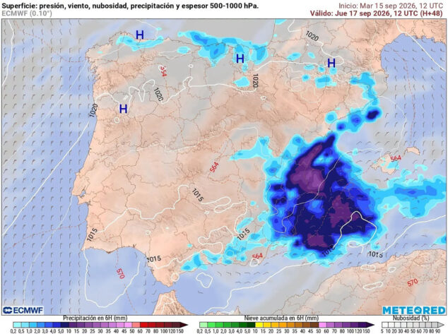 Imagen: Mapa de predicción de Meteored para el jueves 17 de septiembre 2026 compartido por el Laboratorio de Climatología de la Universidad de Alicante