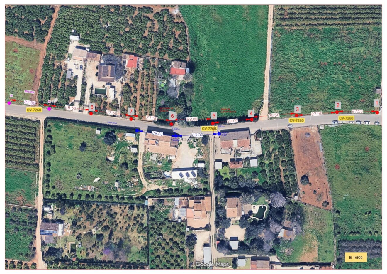 Plano de las actuaciones de mejora en el vial de Pamis