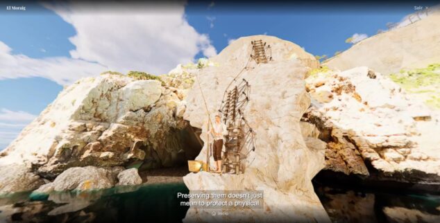 Benitatxell abre al público el proyecto inmersivo ‘Les Pesqueres de Cingle’ y opta a los premios Europa Nostra 1 Imagen: Vista panorámica 360 grados de una recreación digital de un pescador en una estructura de madera en un acantilado costero.