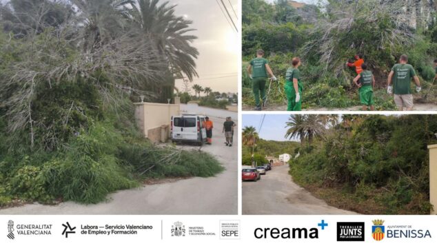 El alumnado de jardinería de CREAMA centra sus prácticas en los parques de Benissa 3 Imagen: Varios alumnos de jardinería trabajando en zonas verdes de Benissa, con una furgoneta y logotipos institucionales de Creama y el Ayuntamiento al pie.