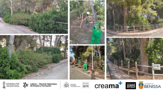 El alumnado de jardinería de CREAMA centra sus prácticas en los parques de Benissa 2 Imagen: Collage de fotografías que muestra áreas con vegetación densa, operarios trabajando en el desbroce y poda, y el resultado final con las zonas ajardinadas limpias en Benissa, junto a logotipos de las entidades organizadoras.