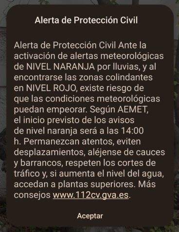 Aviso de Es-Alert recibido en la Marina Alta