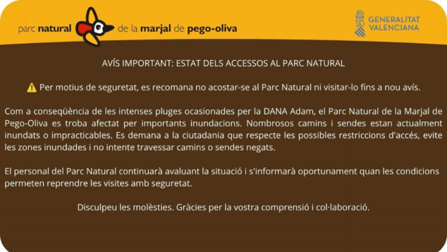 Imagen: Aviso del Parque Natural de la Marjal de Pego-Oliva tras la dana