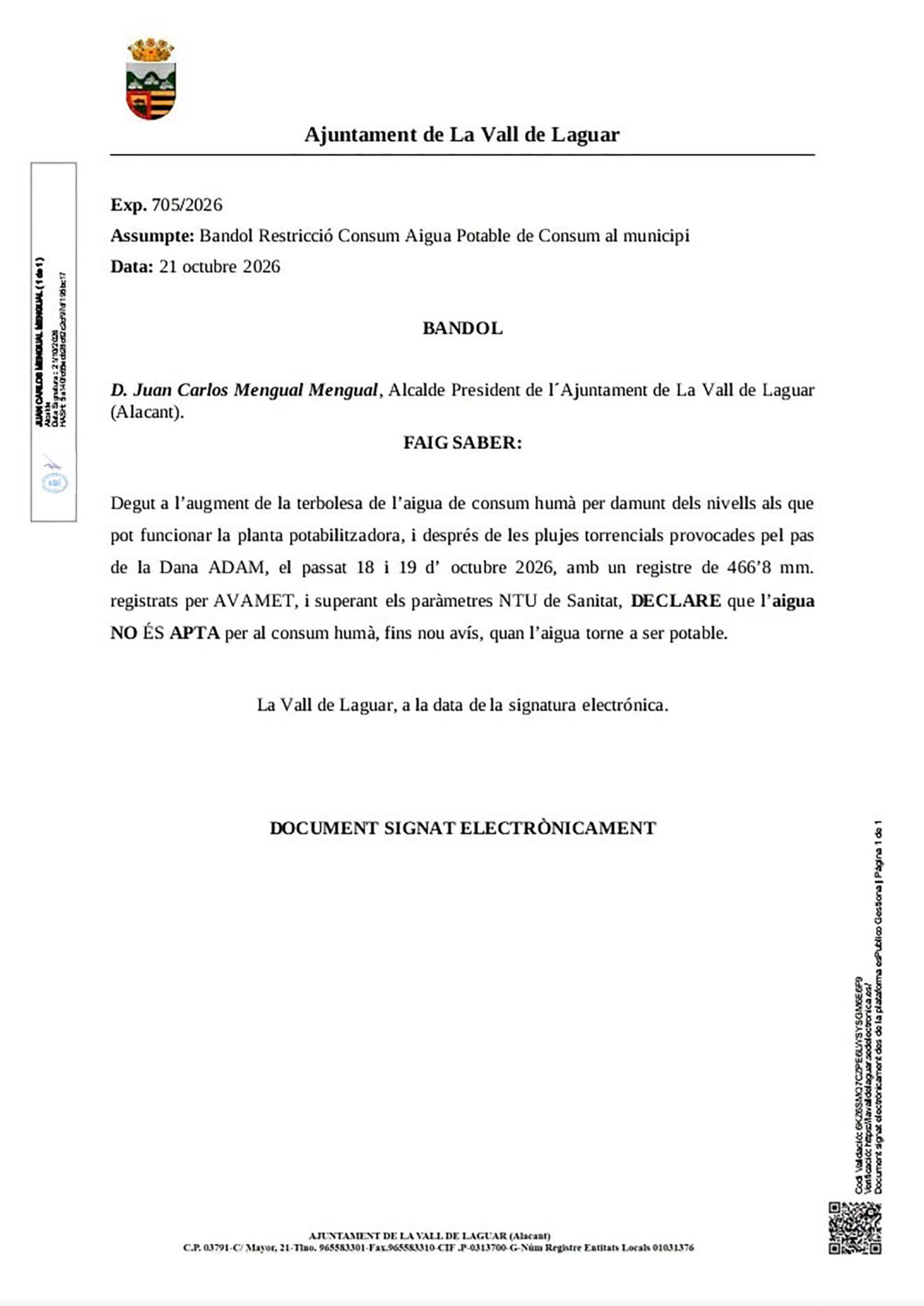 Bando del Ayuntamiento de la Vall de Laguar