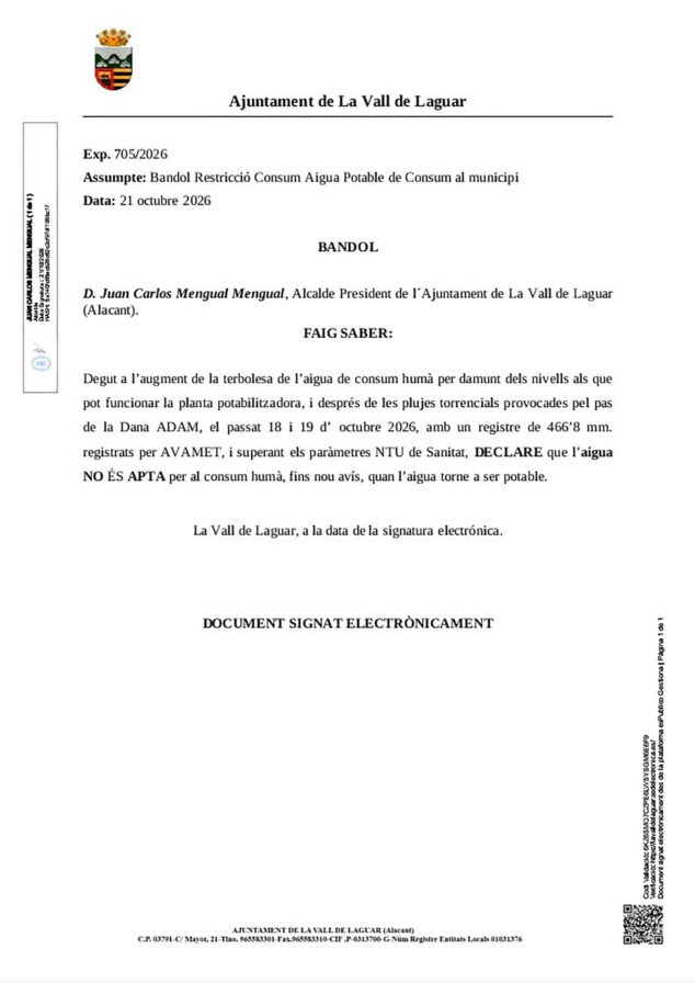 La Vall de Laguar declara el agua no apta para el consumo humano tras las lluvias de la DANA Adam 2 Imagen: Bando del Ayuntamiento de la Vall de Laguar