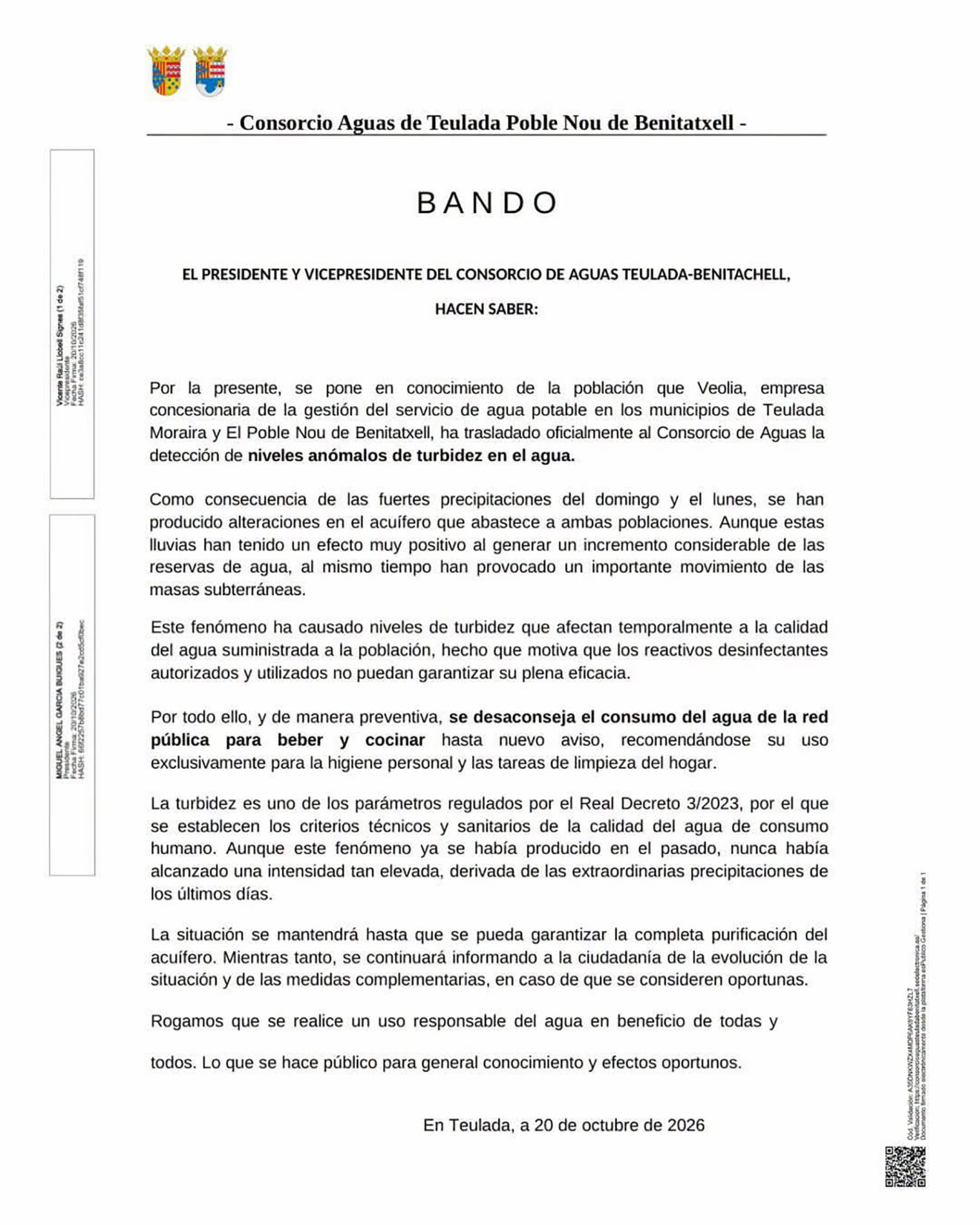 Bando del Consorcio de Aguas Teulada-Benitatxell