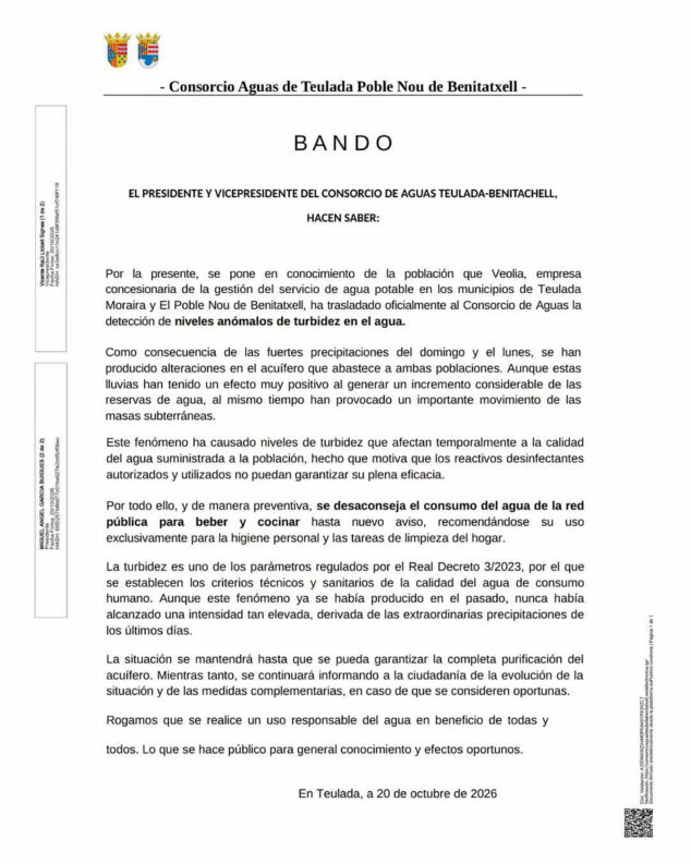 Imagen: Bando del Consorcio de Aguas Teulada-Benitatxell
