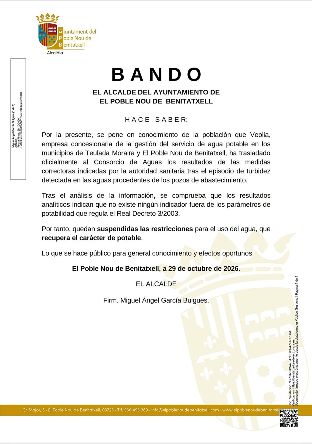 Bando sobre el agua potable en Benitatxell 29 octubre 2026