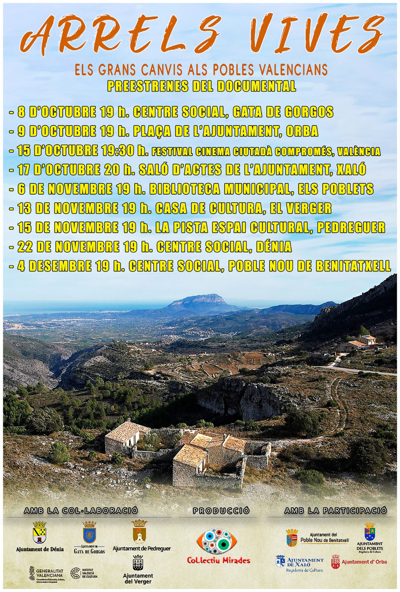 Calendario de presentaciones de 'Arrels Vives' en los municipios protagonistas de la Marina Alta