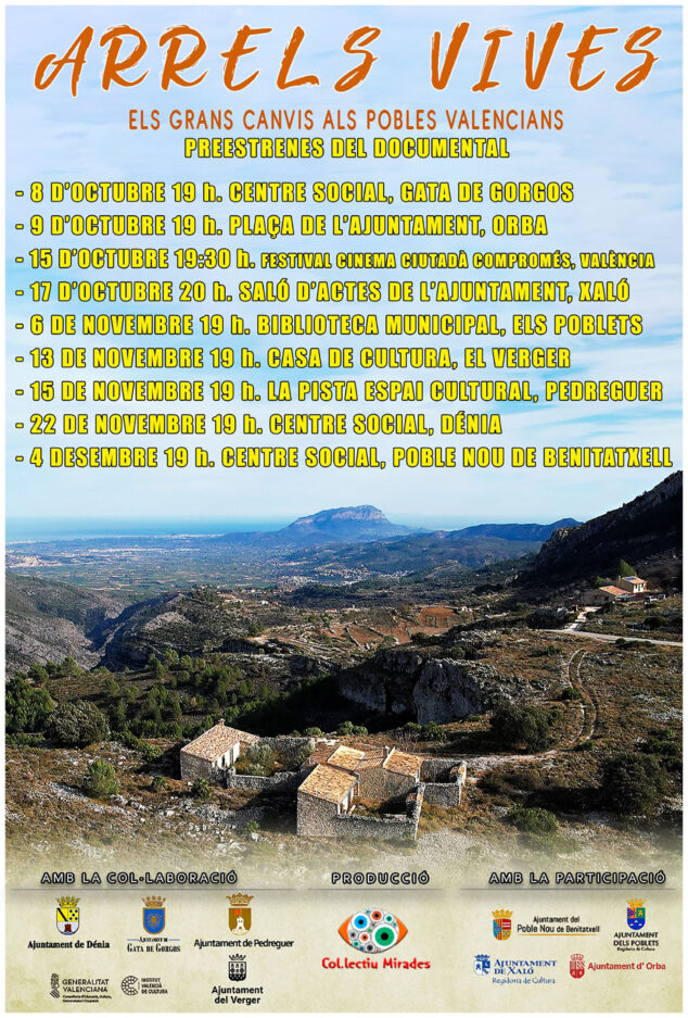 'Arrels Vives' se estrena: el documental y la serie sobre la memoria de la Marina Alta comienza su gira por la comarca 2 Imagen: Calendario de presentaciones de 'Arrels Vives' en los municipios protagonistas de la Marina Alta