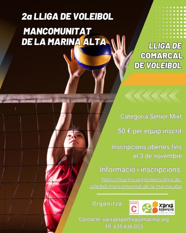 Imagen: Cartel de la 2a Liga de Voleibol Mancomunitat de la Marina Alta, categoría Sénior Mixt, con una jugadora en acción.