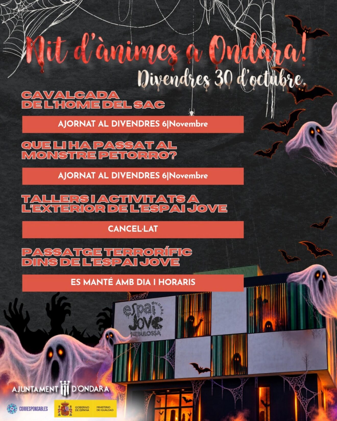 Cartel informativo con los cambios en la programación de la Nit d'Ànimes de Ondara