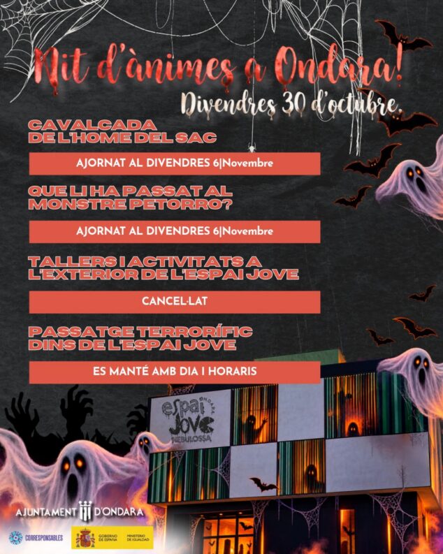 Ondara adapta la programación de la Nit d'Ànimes 2026 por el duelo oficial 1 Imagen: Cartel informativo con los cambios de programación de la Noche de Ánimas de Ondara, indicando eventos aplazados, cancelados y mantenidos.
