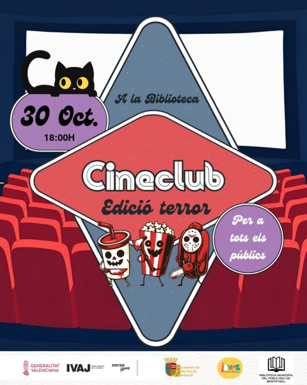 Imagen: Póster anunciador del Cineclub Edició Terror el 30 de octubre en la Biblioteca Municipal de Benitatxell.