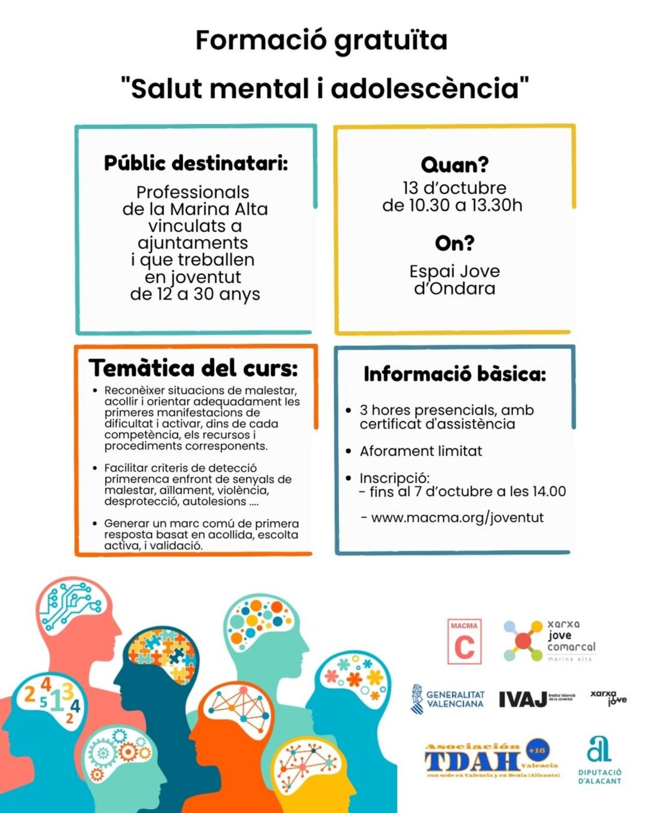 Cartel del curso de formación sobre salud mental y adolescencia en la Marina Alta