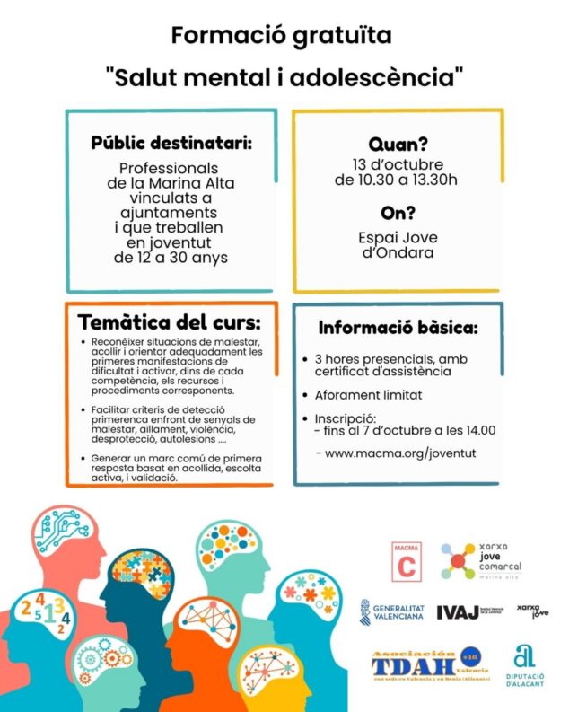 La Xarxa Jove y TDAH + 16 lanzan un curso gratuito de salud mental para profesionales en Ondara 2 Imagen: Cartel del curso 'Salut mental i adolescència' organizado por la Xarxa Jove y TDAH + 16 en la Marina Alta.