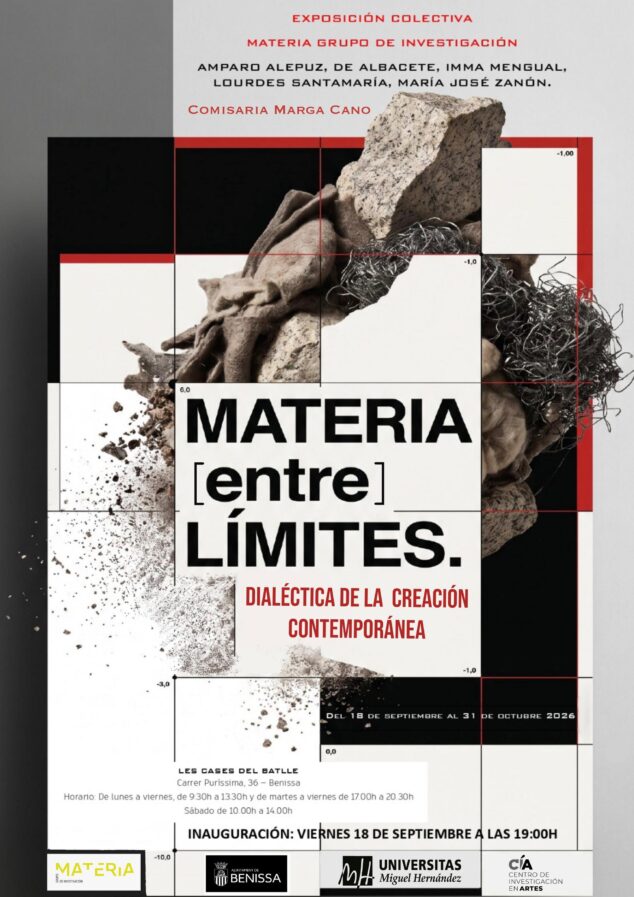 Imagen: Cartel de la exposición Materia entre Límites con información sobre artistas, fechas y lugar.