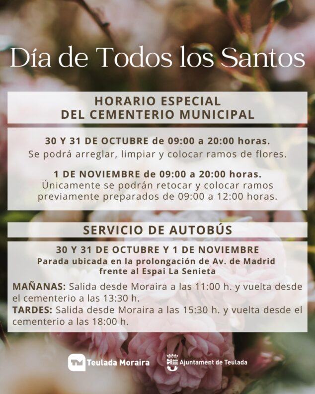 Imagen: Cartel con horarios del cementerio y autobús en Teulada para Todos los Santos.