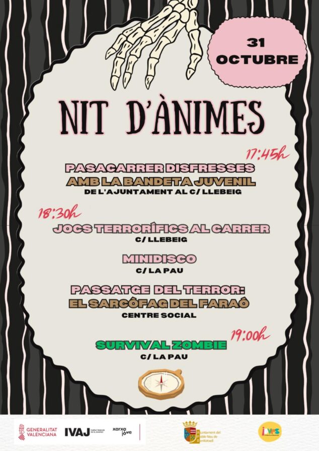 Imagen: Cartel informativo de la 'Nit d'Ànimes' el 31 de octubre en Benitatxell, con horarios y actividades.