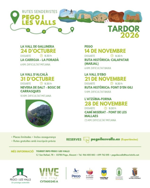 Imagen: Cartel de las rutas senderistas de Pego i Les Valls para otoño de 2026 con calendario y detalles.