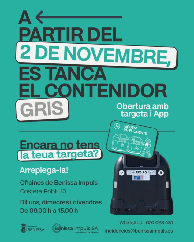 Imagen: Cartel con el texto 'A partir del 2 de novembre, es tanca el contenidor gris. Obertura amb targeta i App.' e imagen de una persona usando una tarjeta en un contenedor inteligente.